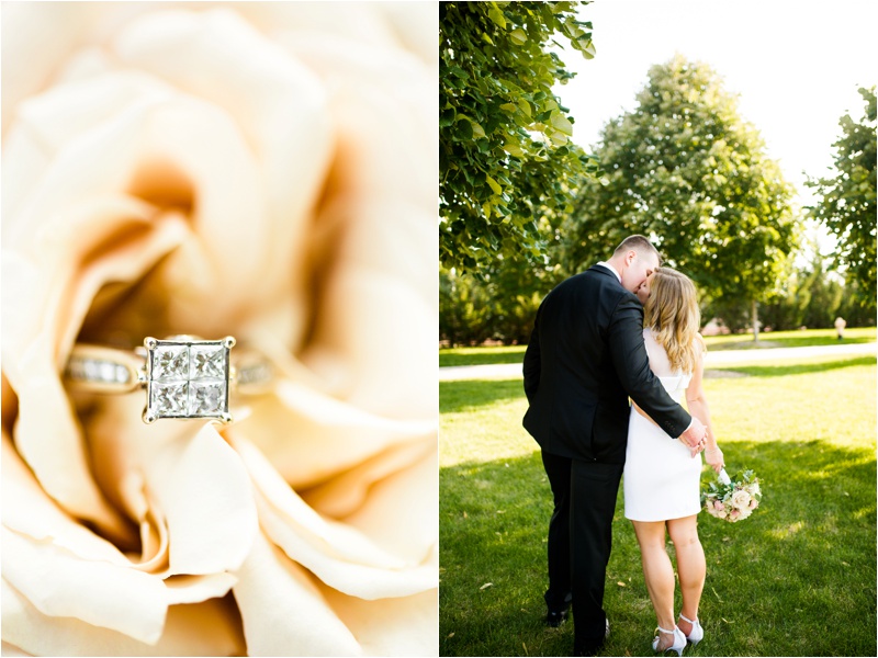 Large engagement ring resting in a white rose at this central Illinois wedding