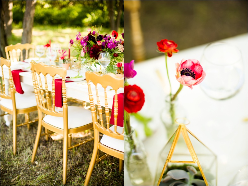 golden chairs with white seat cushions lined up against a white painted farm table