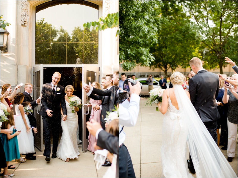 bride and groom leave wedding ceremony as guests cheer and throw lavender seeds