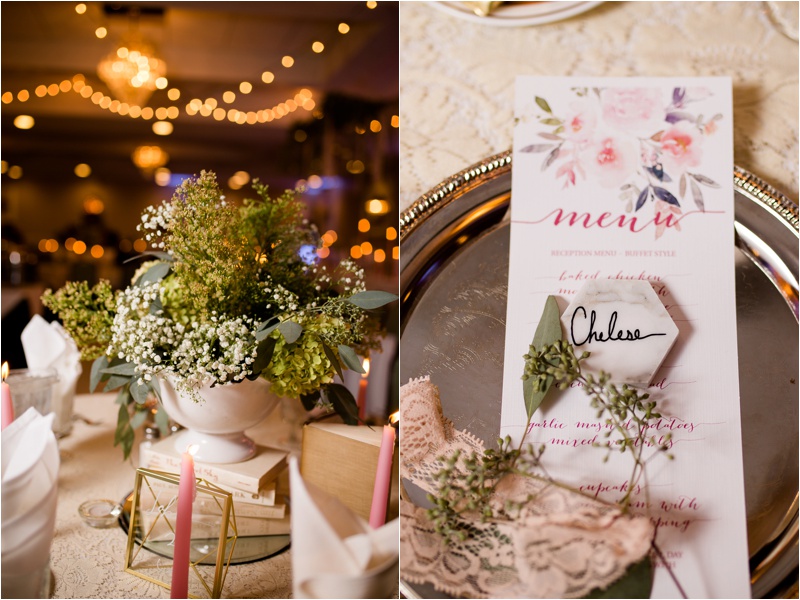 reception table details with flowers and custom menus