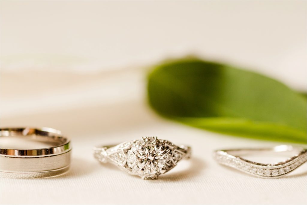 A close-up photo of three wedding rings - a plain men's band, a diamond engagement ring, and a curved wedding band - arranged in a row against a cream background with a soft green leaf blurred in the background.