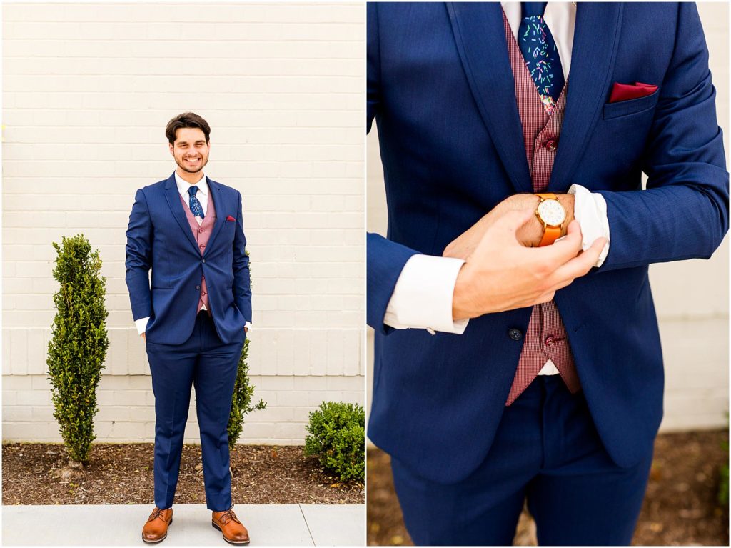 portraits of the groom in navy suit by Caitlin and Luke Photography, Indianapolis wedding photographers, Carmel IN wedding photographers