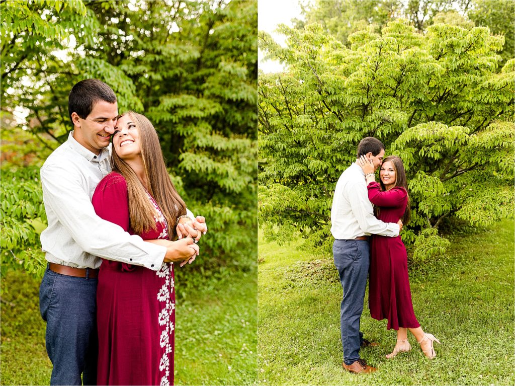 first anniversary session with bride in red dress at Washington Park Botanical Garden photographed by Caitlin and Luke Photography, Springfield IL anniversary photos