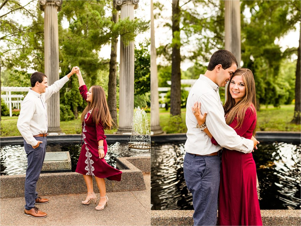 first anniversary session with bride in red dress at Washington Park Botanical Garden photographed by Caitlin and Luke Photography, Springfield IL anniversary photos next to fountain