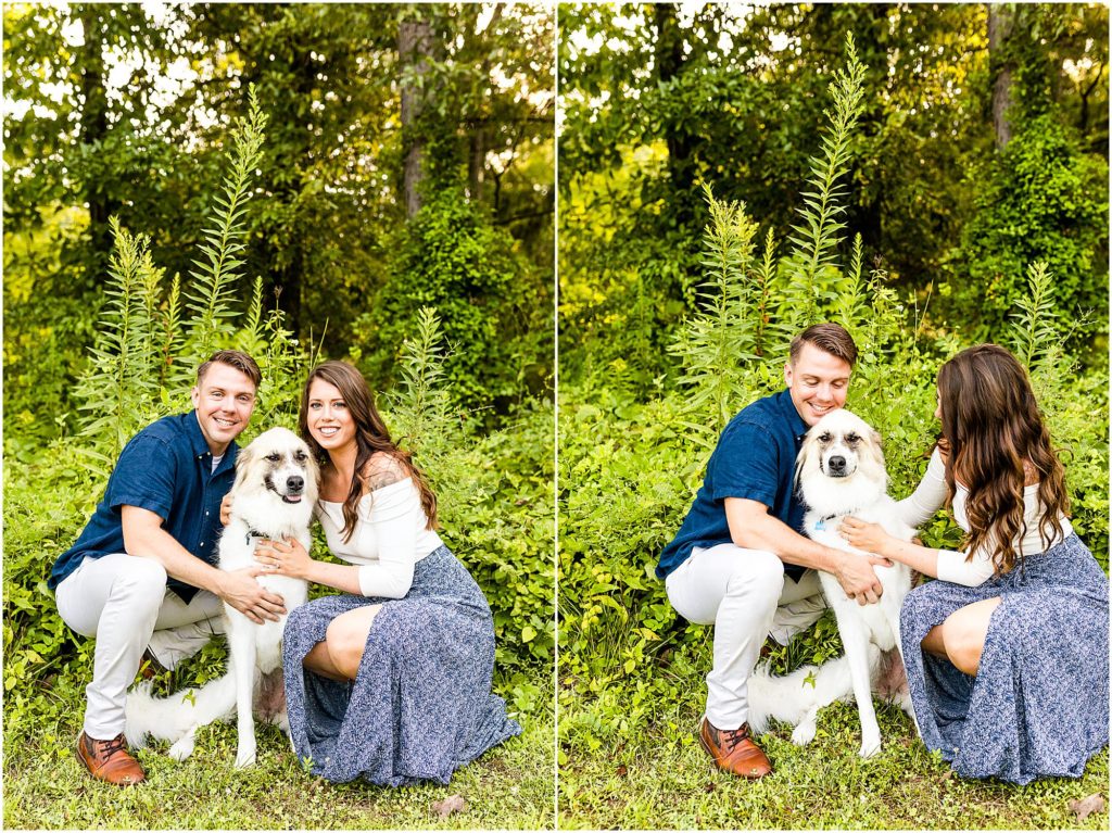 Caitlin and Luke Photography_ Allerton Park Engagemnet session, Monticello IL wedding photographers_Allerton Park engagement photos with couple in blue summer outfits with dog