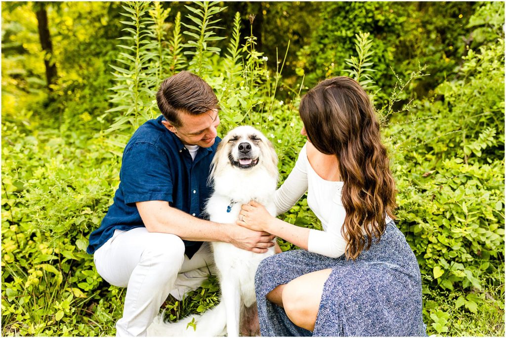 Caitlin and Luke Photography_ Allerton Park Engagemnet session, Monticello IL wedding photographers_Allerton Park engagement photos with couple in blue summer outfits with dog