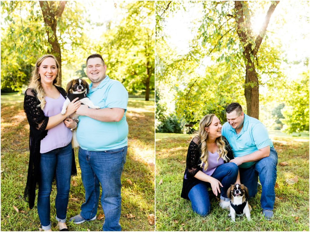 couple poses with dog during engagement photos with Caitlin and Luke Photography, Ewing Manor Engagement Photos, Illinois engagement session