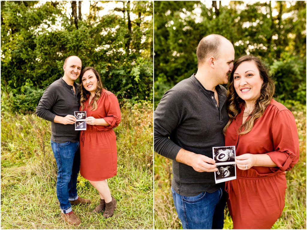 Fransen Nature Area pregnancy announcement photographed by Normal IL Wedding Photographers Caitlin and Luke Photography, Illinois pregnancy announcement