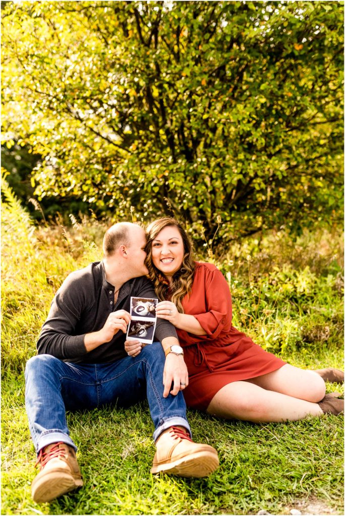 Fransen Nature Area pregnancy announcement photographed by Normal IL Wedding Photographers Caitlin and Luke Photography, Illinois pregnancy announcement