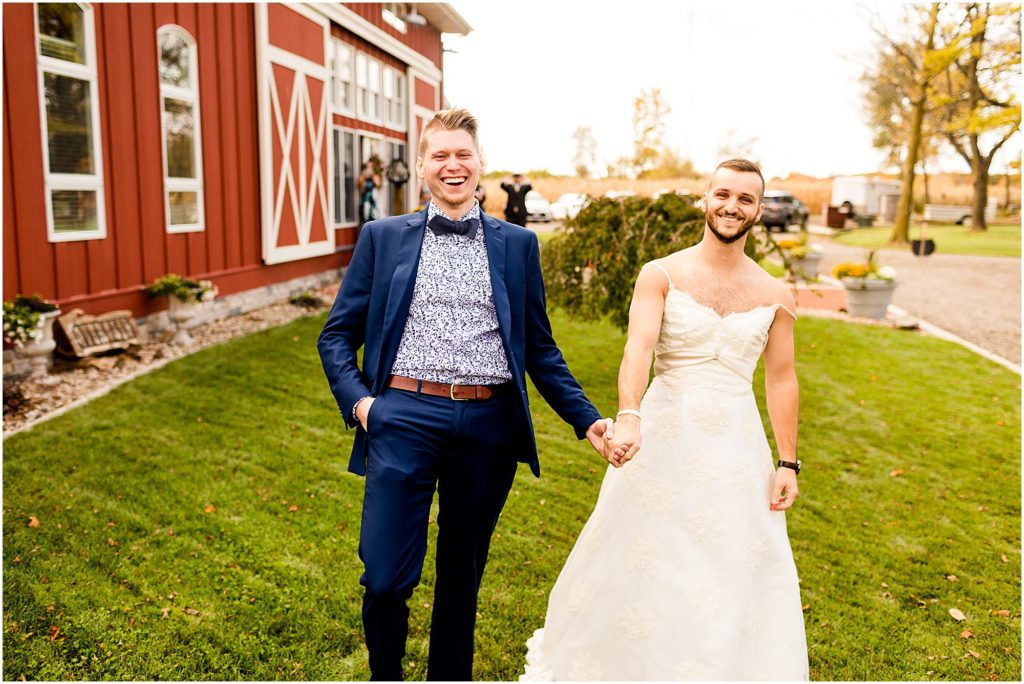 Funny first look at Hunter Creek Farm Wedding in Barrington IL photographed by Caitlin and Luke Photography, IL Wedding photographers, Illinois wedding photographers, Barrington IL Wedding
