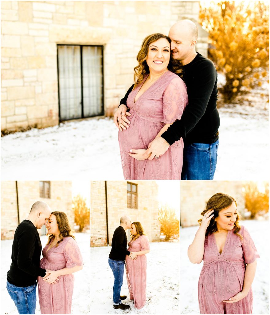 snowy winter Ewing Manor maternity session in Bloomington IL with Caitlin and Luke Photography, Illinois maternity photographers