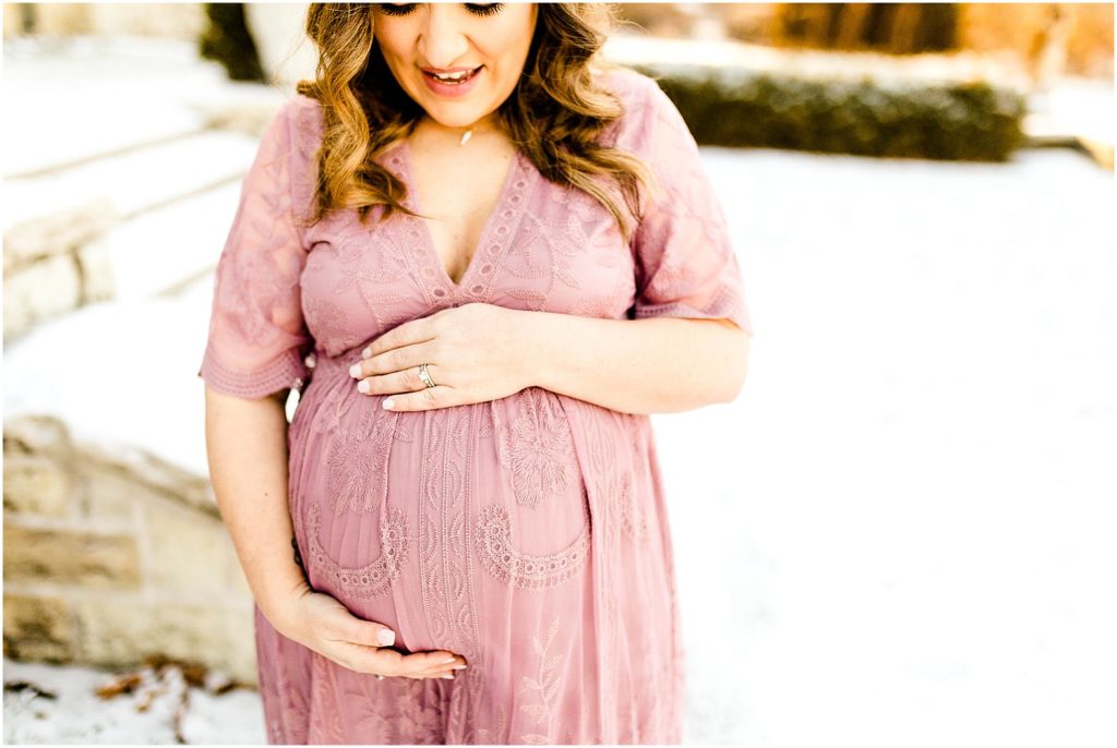 snowy winter Ewing Manor maternity session in Bloomington IL with Caitlin and Luke Photography, Illinois maternity photographers
