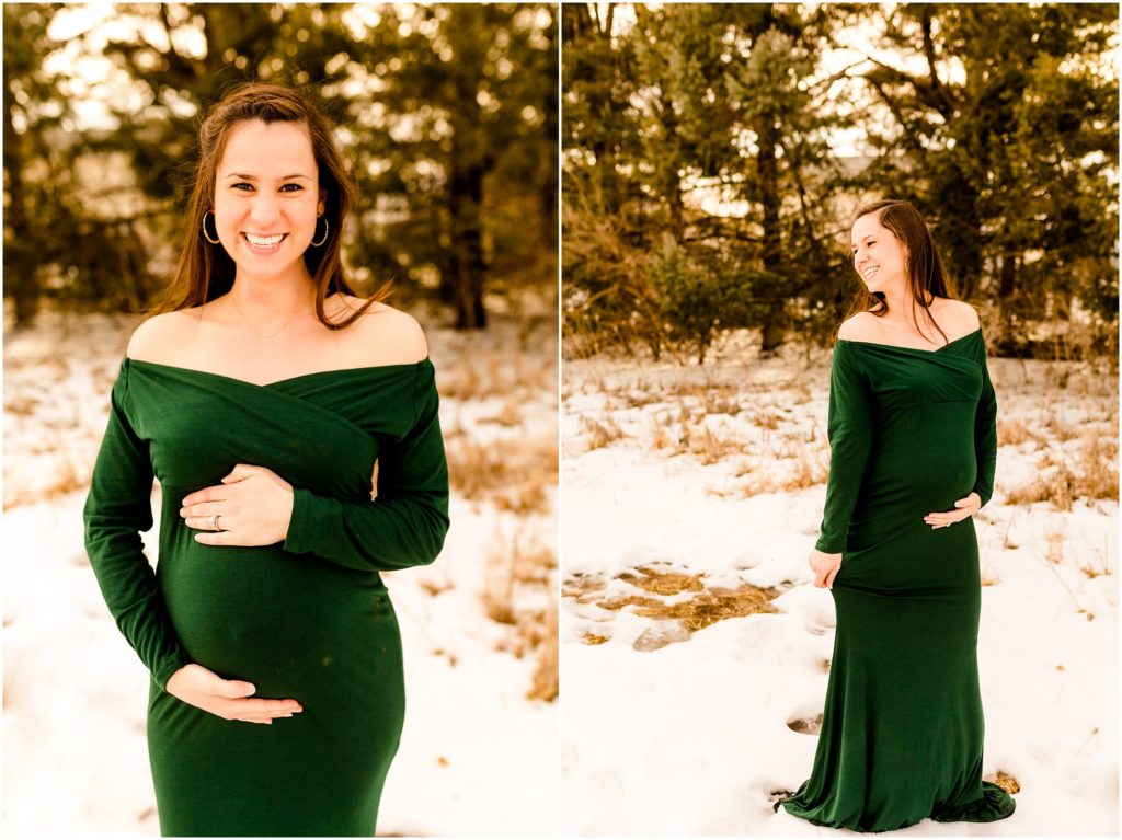 winter maternity session at Fransen Natural Area with mom in emerald green gown photographed by Normal Illinois maternity photographers Caitlin and Luke Photography