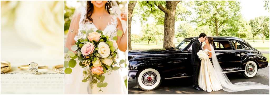 Wedding detail triptych: close-up of wedding rings, bridal bouquet with pink and cream roses, and couple posing with vintage black car