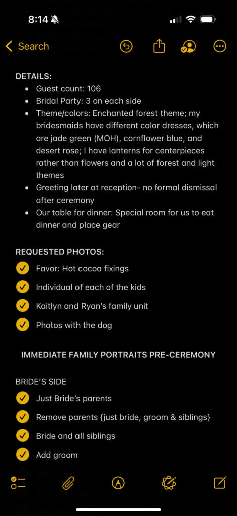 Wedding photography shot list showing details, requested photos, and family portrait groupings for organized wedding day coverage