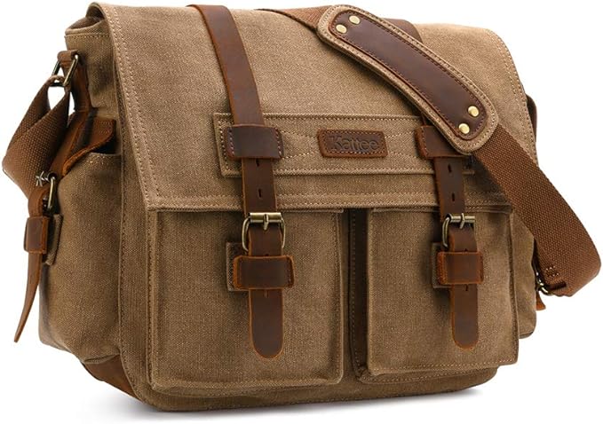 Kattee Leather Canvas vintage-style camera messenger bag - stylish brown canvas and leather camera bag for photographers