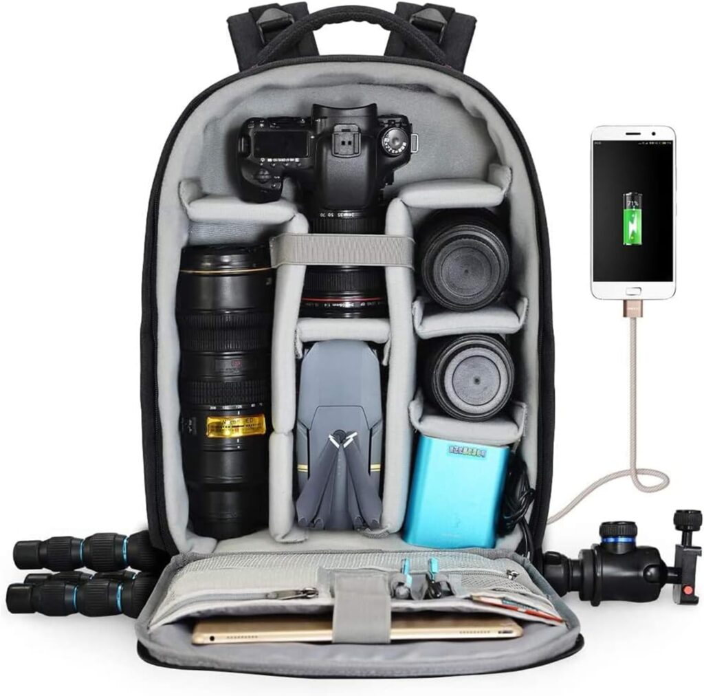 CADeN USB-charging camera backpack interior layout with charging capability - modern camera bag for photographers