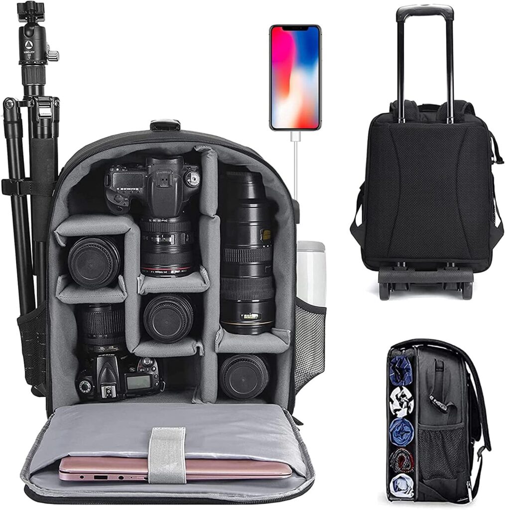 CADeN rolling camera backpack showing interior organization dividers and exterior views - one of the best camera bags for photographers who need wheeled storage