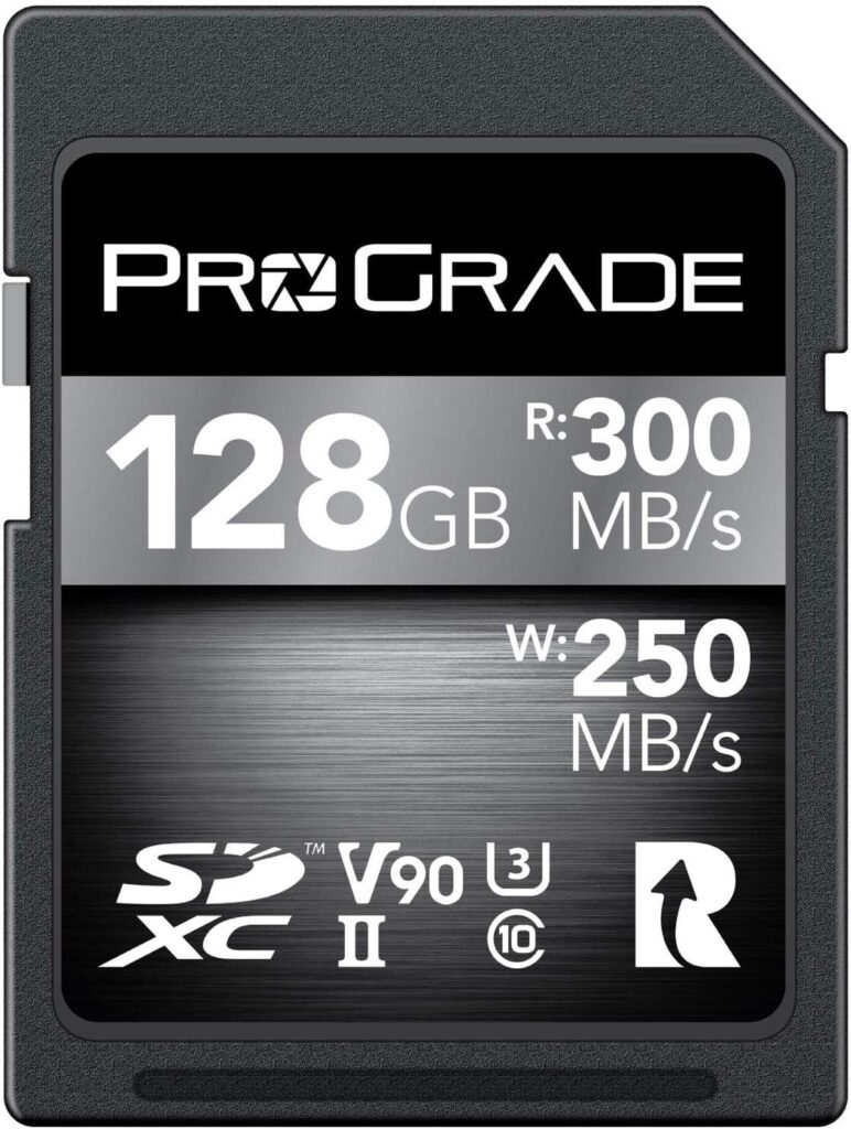 ProGrade Digital V90 SD memory card, one of the best memory cards for cameras, displaying 128GB capacity and 300MB/s read speed