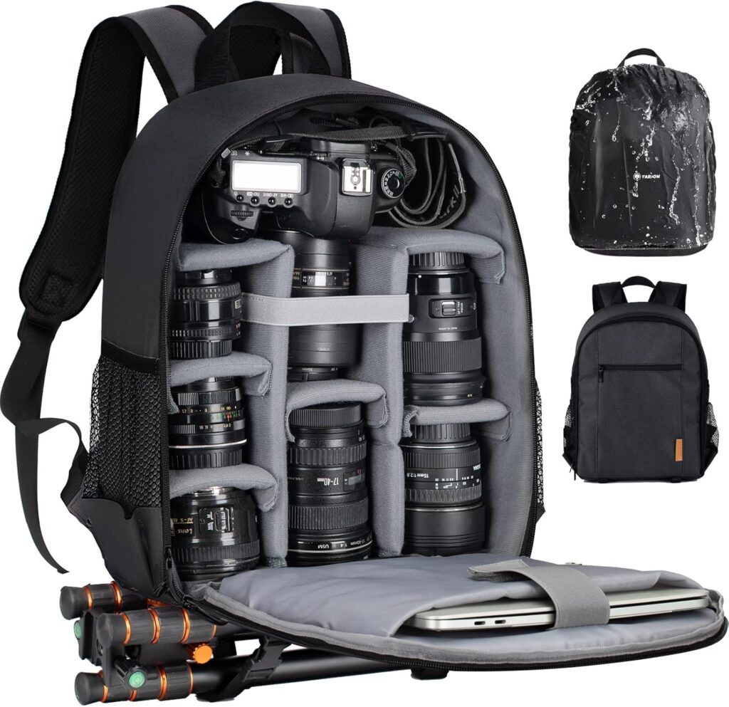 TARION camera backpack interior showing organized lens and camera storage with protective dividers - among the best camera bags for photographers needing compact storage