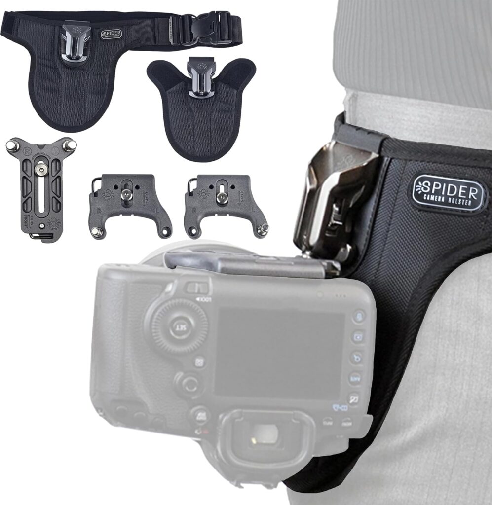 Spider Camera Holster SpiderPro Dual System components and mounting example for professional wedding photography