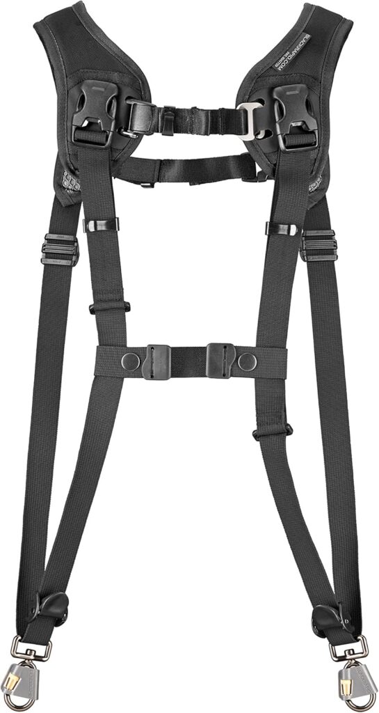 BlackRapid Double Breathe dual camera harness in black, designed for wedding photographers needing comfortable all-day wear