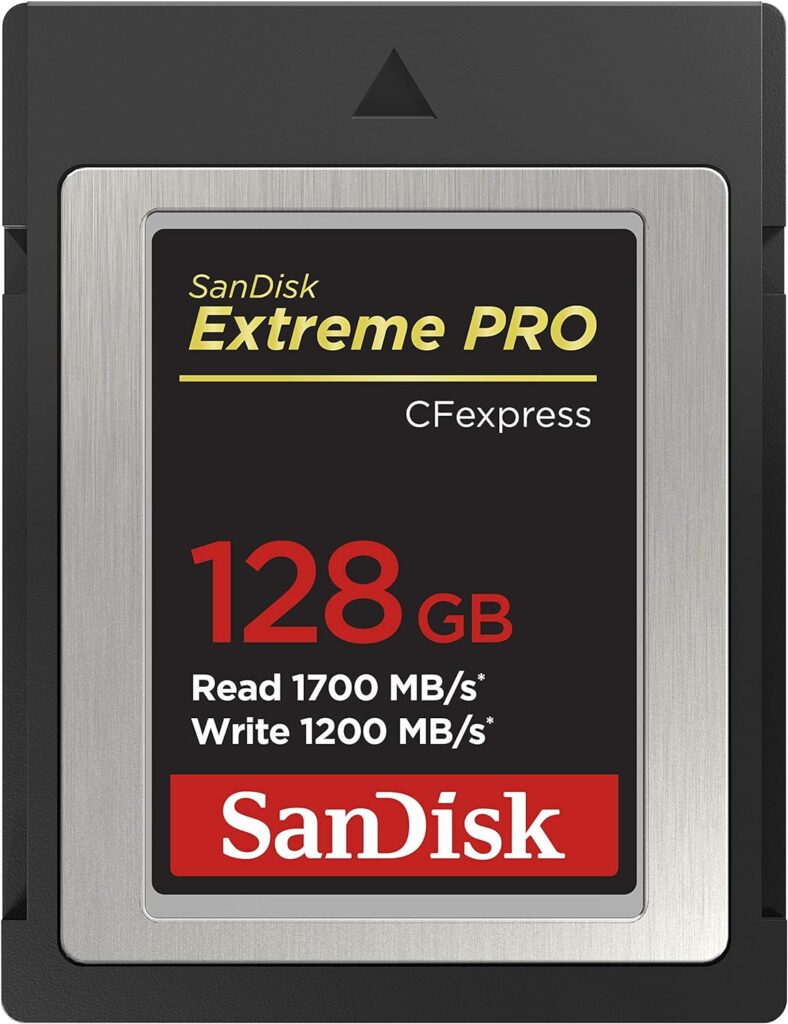 SanDisk Extreme PRO CFexpress memory card, one of the best memory cards for cameras, showing 128GB capacity and 1700MB/s read speed