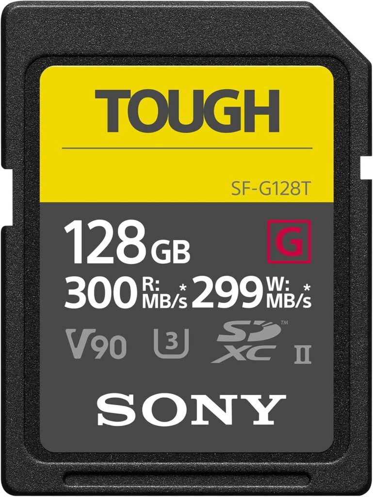 Sony TOUGH V90 SD memory card, a professional-grade best memory card for cameras, showing 128GB storage and 300MB/s speed