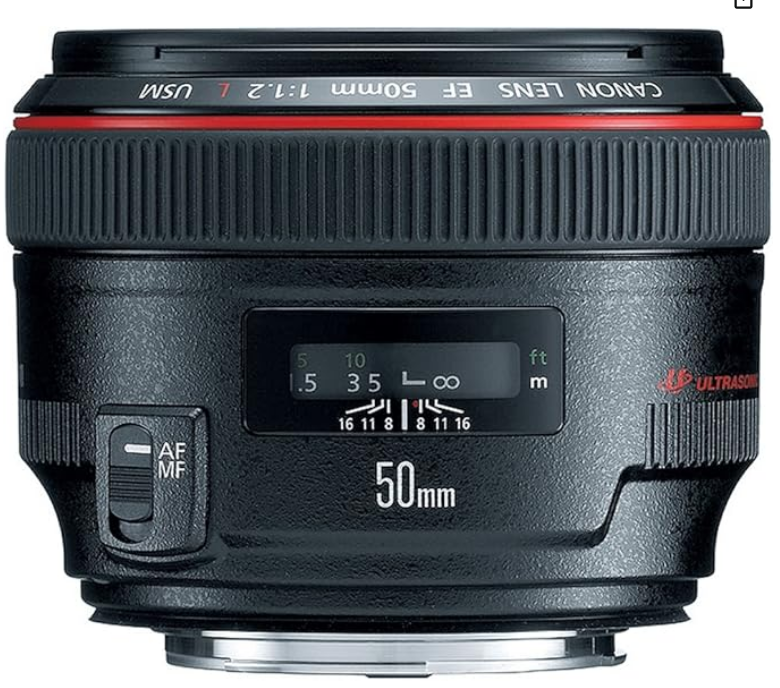 A photo of a Canon EF 50mm f/1.2L USM lens