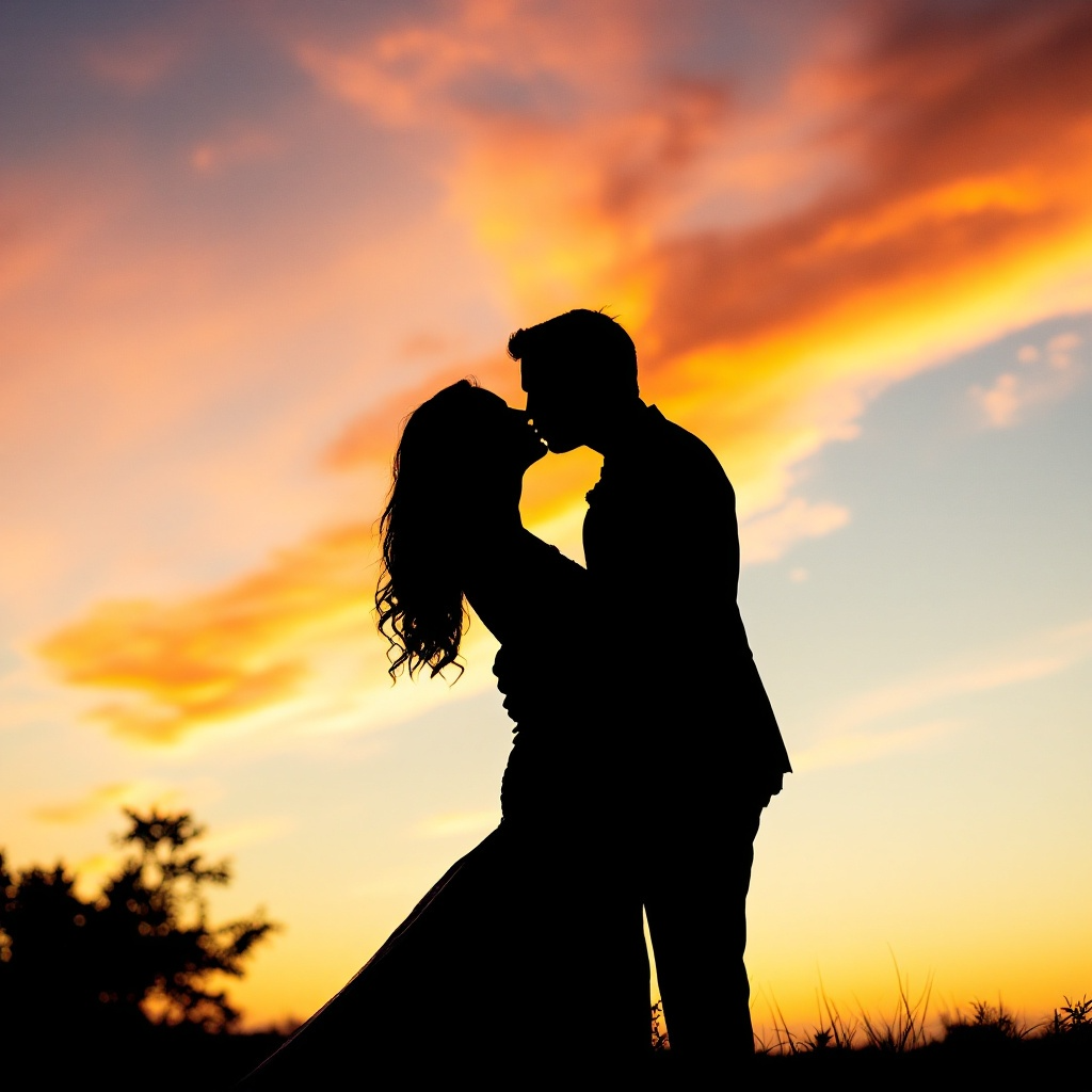 A silhouetted couple shares a kiss at sunset, with a dramatic sky filled with hues of orange and pink behind them.