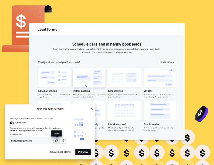 HoneyBook’s lead form customization interface with booking options, illustrating differences in Dubsado vs Honeybook client intake and scheduling features.