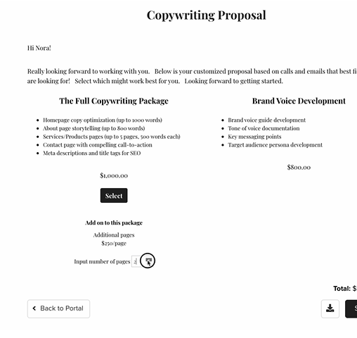  A copywriting proposal template in HoneyBook, illustrating contract and proposal customization in Dubsado vs Honeybook.