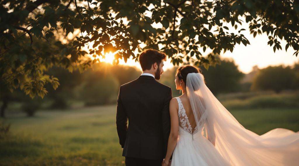 A groom and bride stand closely in a sunlit field, gazing at each other with the bride’s veil gently flowing in the breeze.