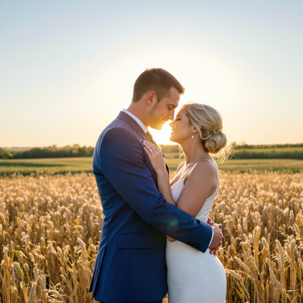 A groom in a navy blue suit and a bride in a white dress embrace in a wheat field at sunset, their foreheads touching as the sunlight creates a soft halo effect.