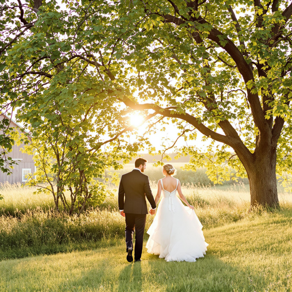 A newlywed couple walks across a sunlit meadow under a large tree, with the bride’s flowing gown and the groom’s black suit complementing the golden hour setting.