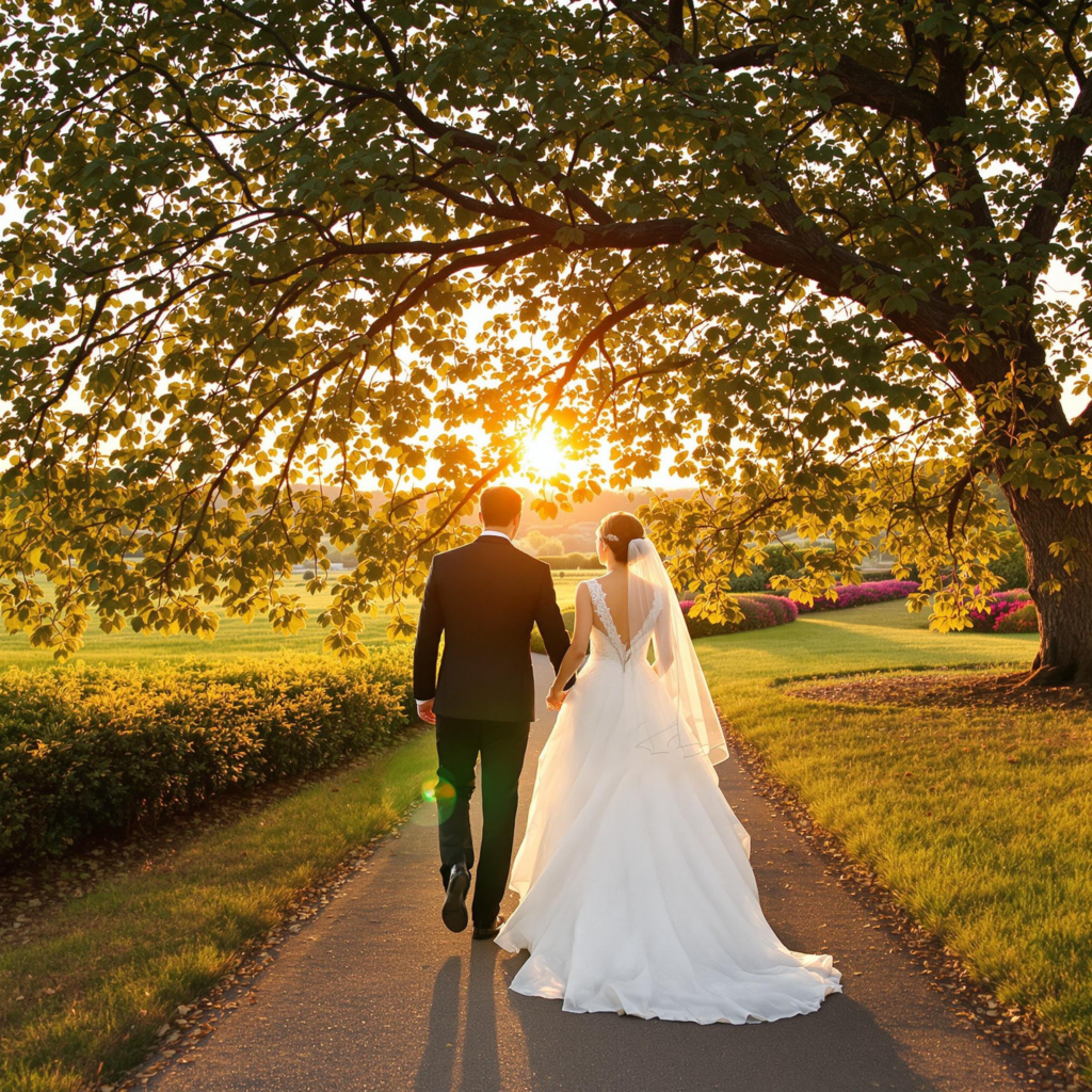 A bride and groom walk hand in hand down a paved path, surrounded by lush greenery, under a large tree with golden sunlight filtering through the leaves.