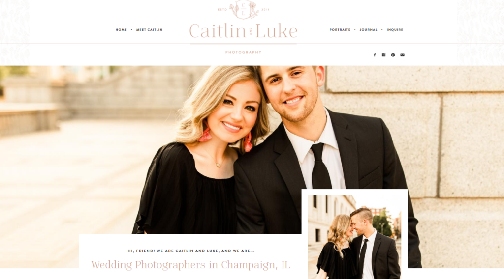 A screenshot of the Caitlin & Luke Photography website homepage, featuring a smiling couple dressed in black, along with text introducing them as wedding photographers in Champaign, IL.