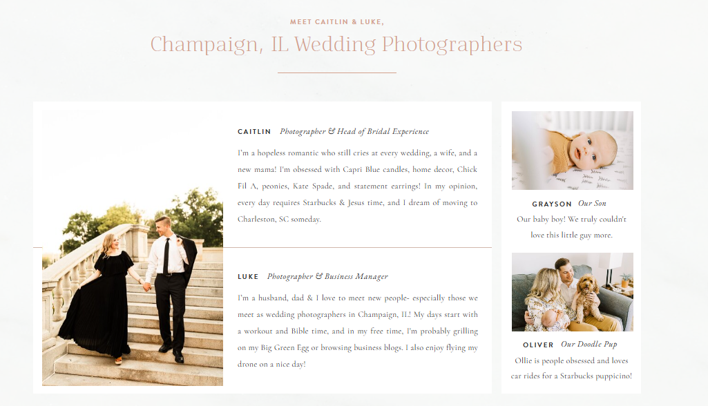 A screenshot from the "Meet Caitlin & Luke" page, showing a section introducing the photographers with a photo of them walking down stone steps, along with bios and images of their baby and dog.