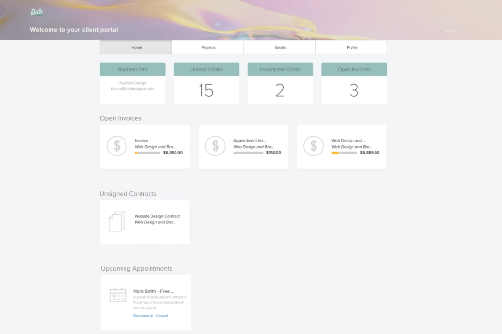 Dubsado’s client portal showing invoices, contracts, and appointments, demonstrating financial and organizational tools in Dubsado vs Honeybook.