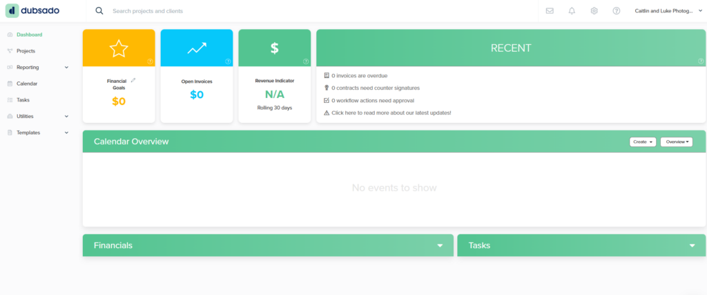 Dubsado’s dashboard featuring financial goals, open invoices, and a calendar overview, emphasizing project and financial tracking in Dubsado vs Honeybook.