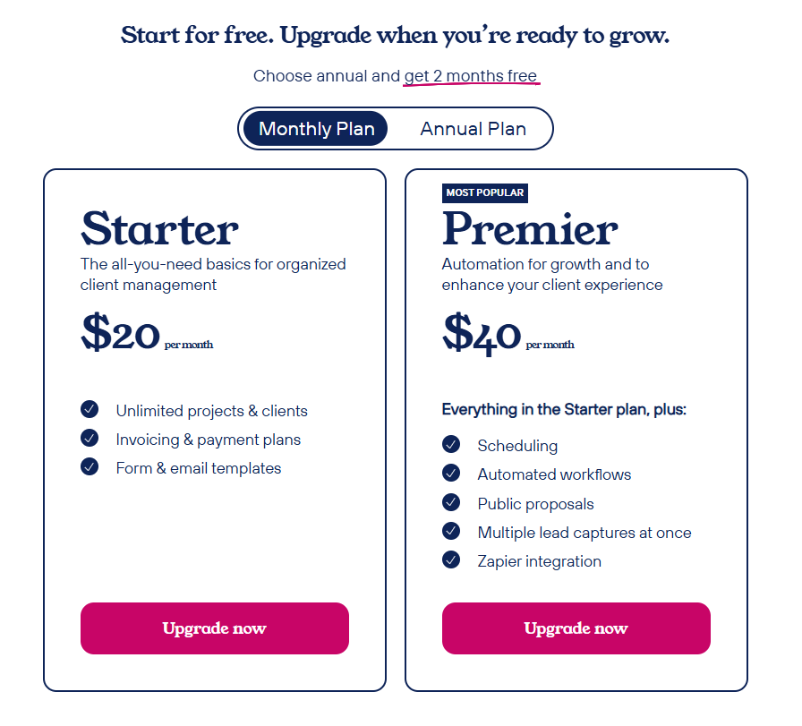 Dubsado’s pricing plans for Starter and Premier, highlighting automation and integrations in the Dubsado vs Honeybook debate.