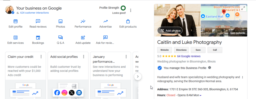 A screenshot of a Google business profile for Caitlin and Luke Photography, showing their location, reviews, and business information.