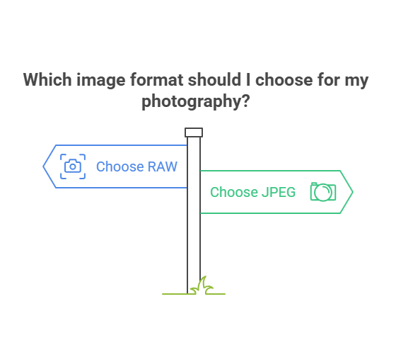 A minimalist digital illustration of a signpost with two arrows. The left arrow is labeled “Choose RAW” with a camera icon, while the right arrow says “Choose JPEG” with a different camera icon. Above, text reads: “Which image format should I choose for my photography?”