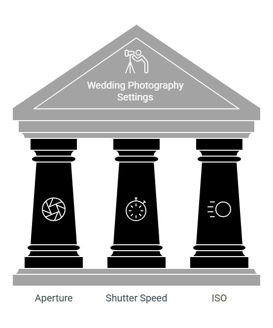 A digital illustration of a classical building with three columns, labeled “Aperture,” “Shutter Speed,” and “ISO.” The top of the structure reads “Wedding Photography Settings” with an icon of a photographer.