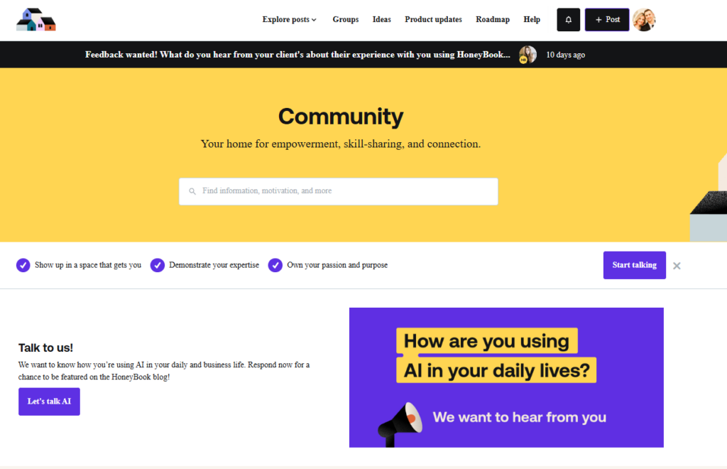  HoneyBook’s online community page with a search bar and AI discussion prompt, highlighting networking and collaboration features in Dubsado vs Honeybook.