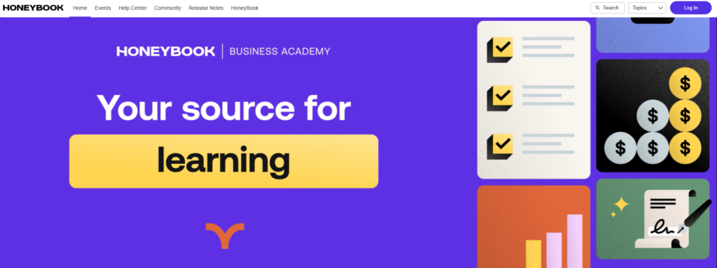 HoneyBook Business Academy homepage with financial and contract icons, illustrating educational resources in Dubsado vs Honeybook.