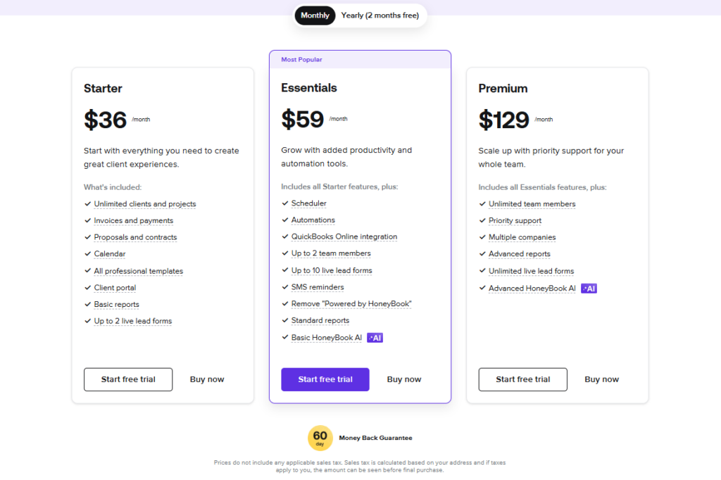 HoneyBook’s pricing plans for Starter, Essentials, and Premium tiers, showcasing cost comparisons in Dubsado vs Honeybook.