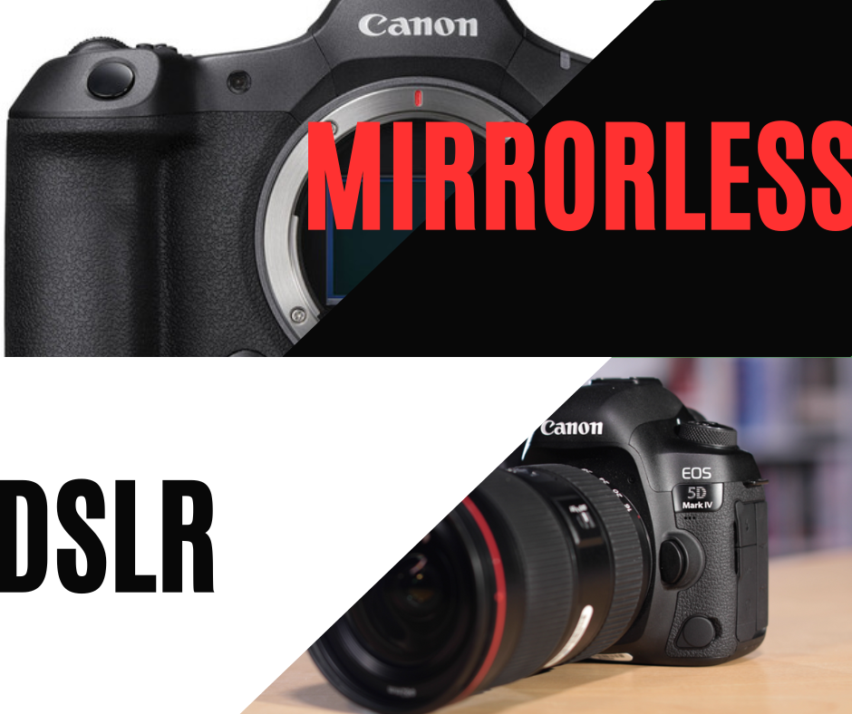 Comparison of a Canon mirrorless camera and a Canon DSLR, highlighting the choice between mirrorless and DSLR for wedding photography