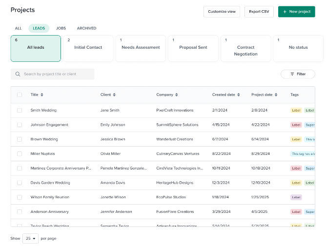  A project management dashboard with client lead tracking, showcasing CRM capabilities relevant to Dubsado vs Honeybook software choices.