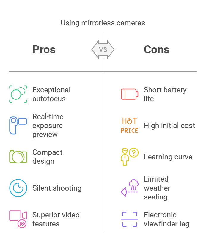 A colorful infographic listing the pros and cons of mirrorless cameras. Pros include "exceptional autofocus," "real-time exposure preview," "compact design," "silent shooting," and "superior video features." Cons include "short battery life," "high initial cost," "learning curve," "limited weather sealing," and "electronic viewfinder lag."